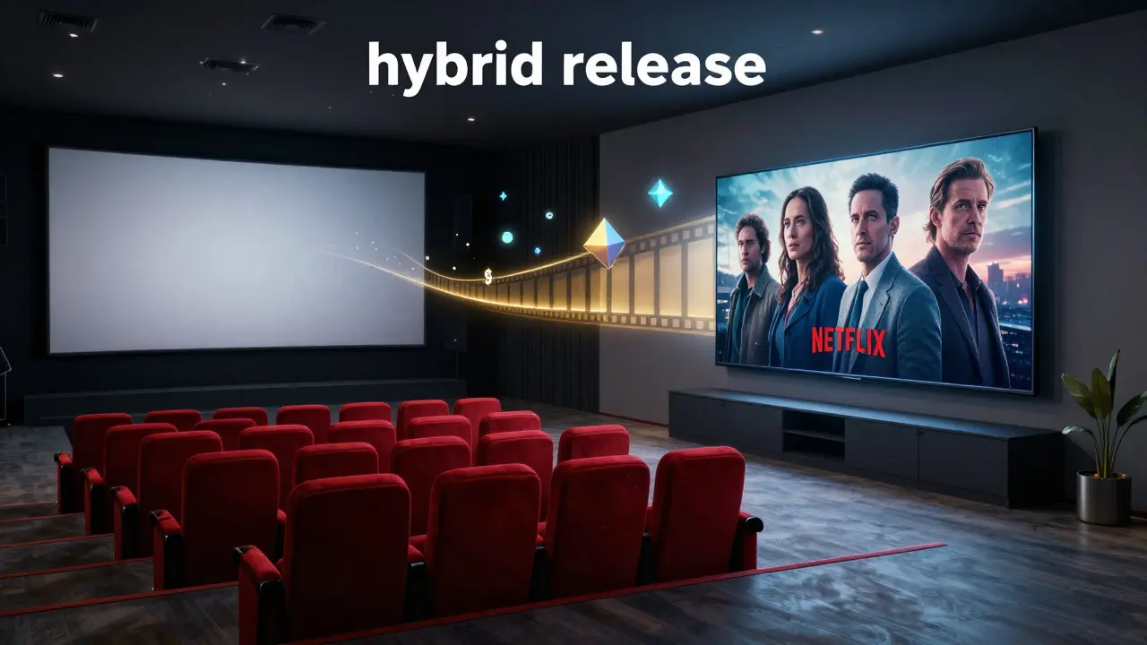 Visual metaphor connecting a movie theater and home streaming setup