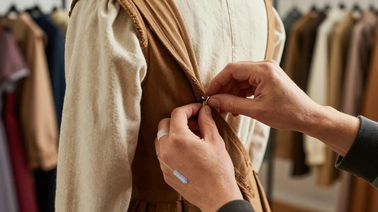 Wardrobe specialist fitting an adaptive costume with magnetic closures