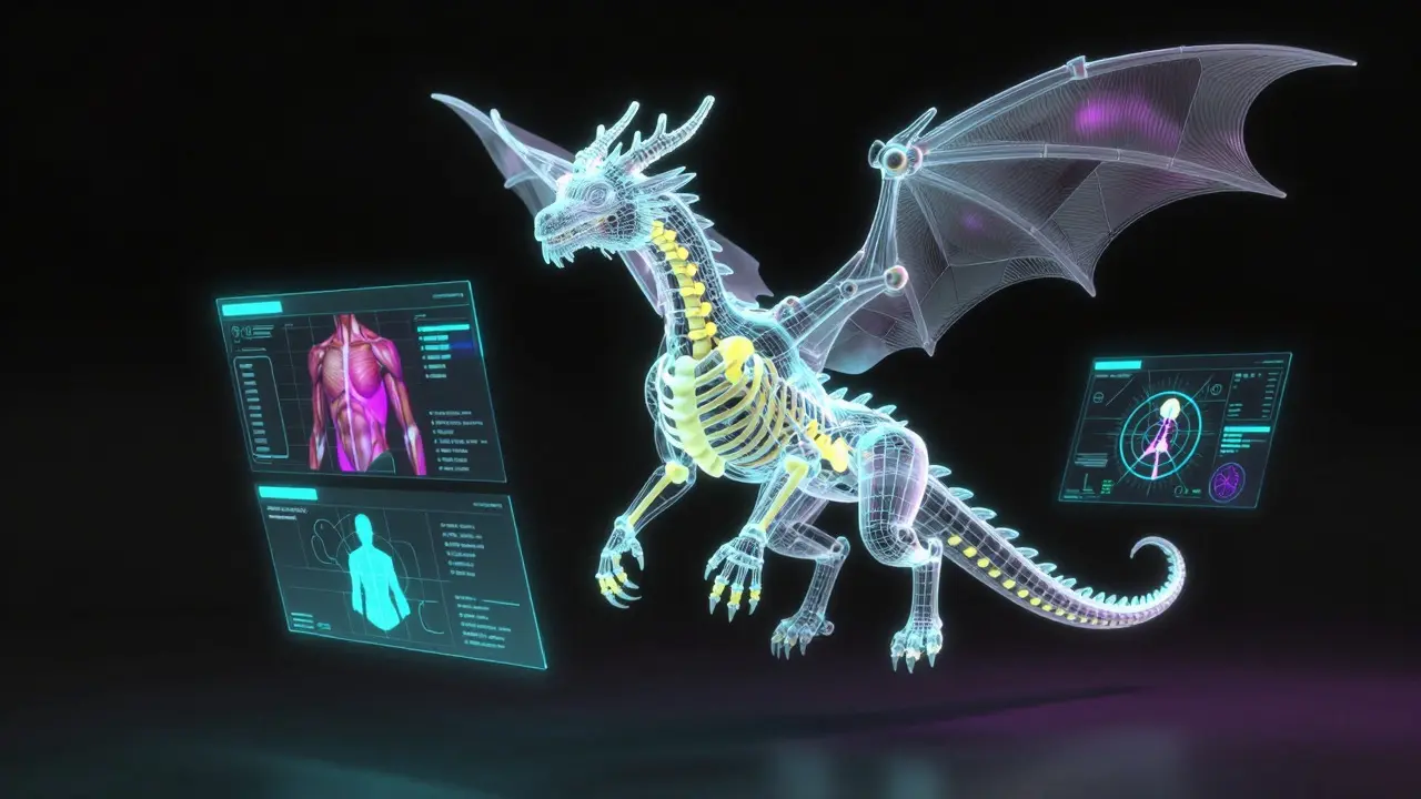 Wireframe 3D model of a dragon with visible internal rigging skeleton and control points