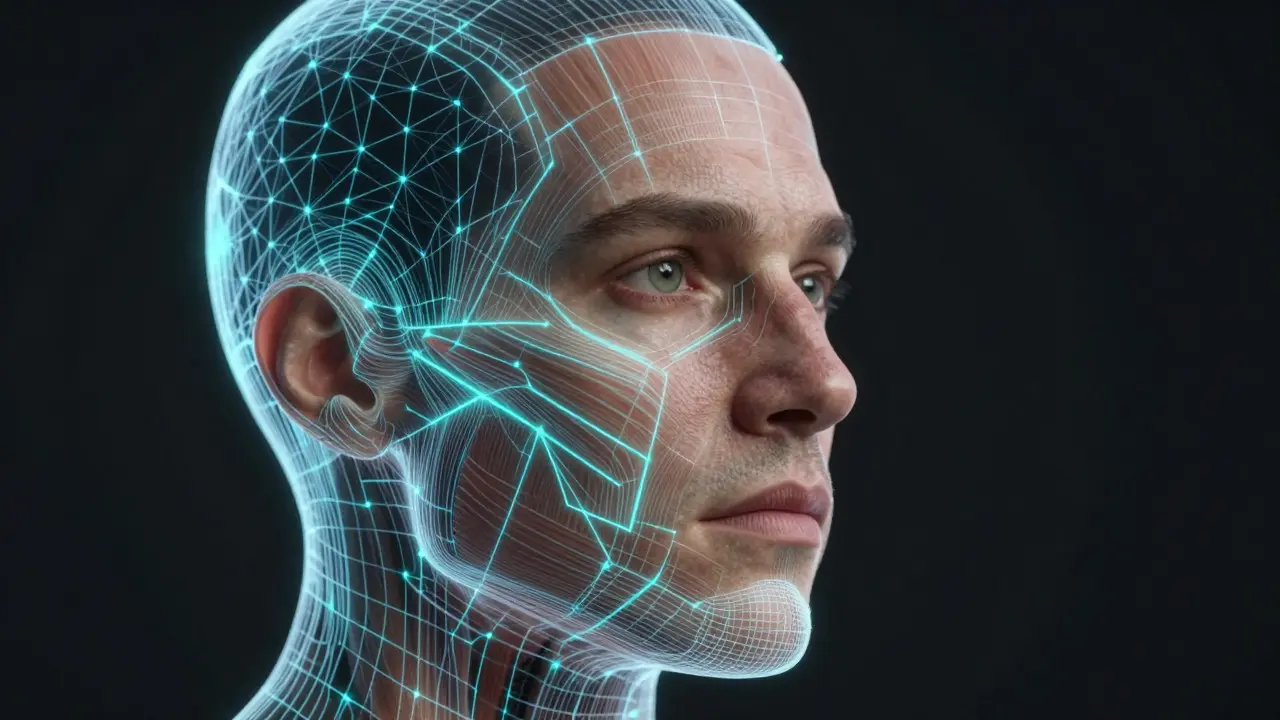 Wireframe mesh overlaying a human face to show digital tracking