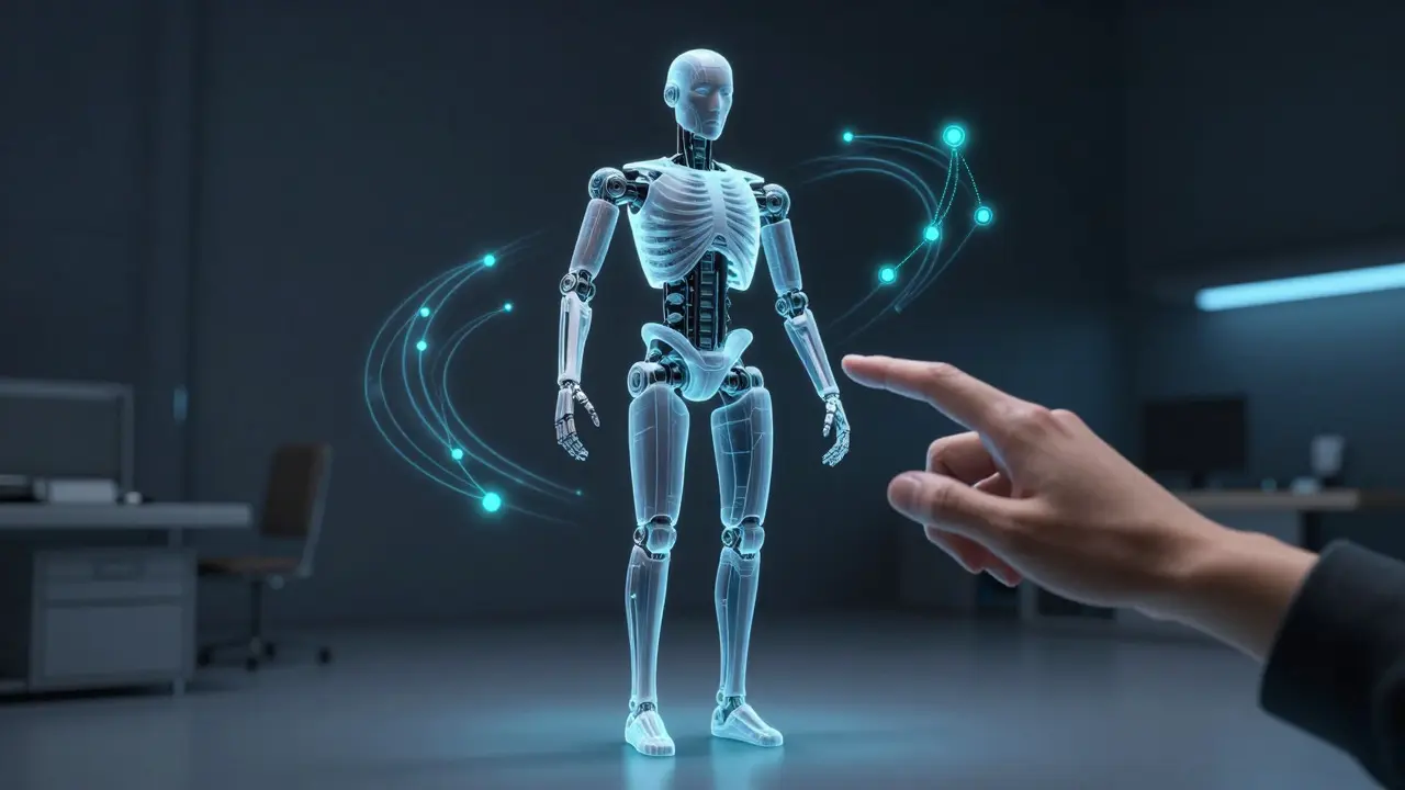 Wireframe robot skeleton being adjusted by an animator in a futuristic workshop