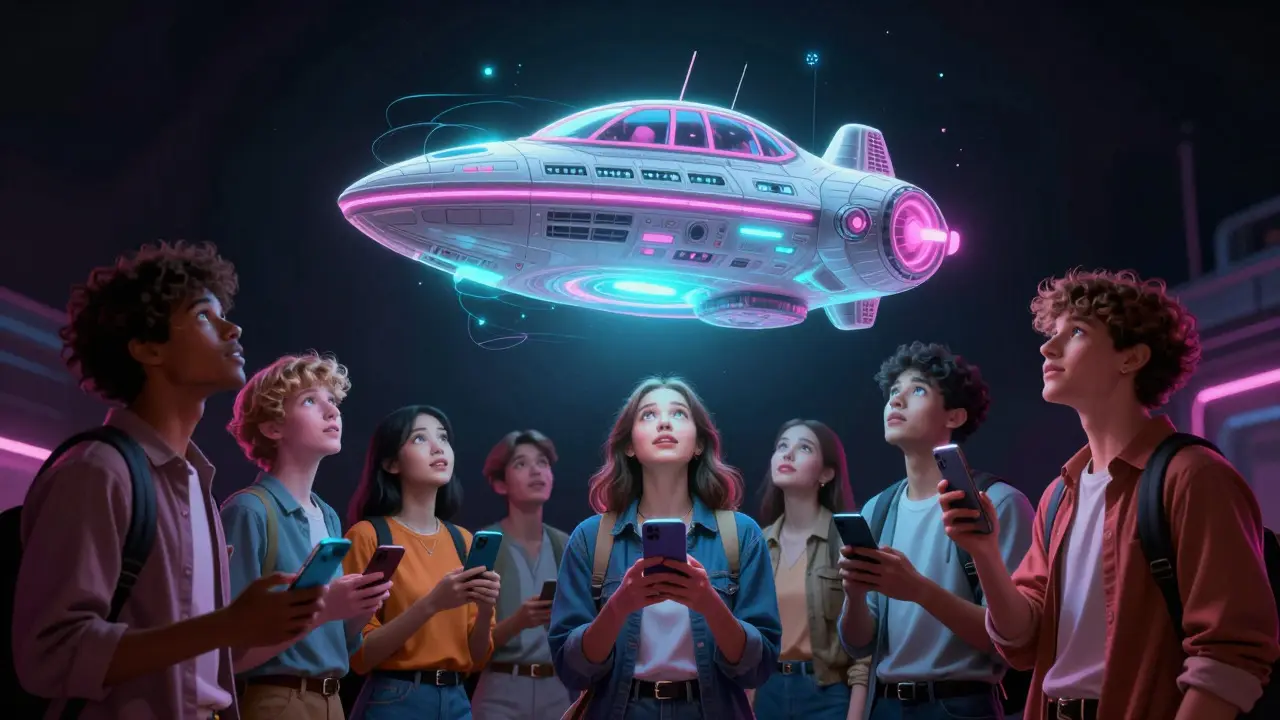 Young adults watching a glowing holographic spaceship projection in a dark room