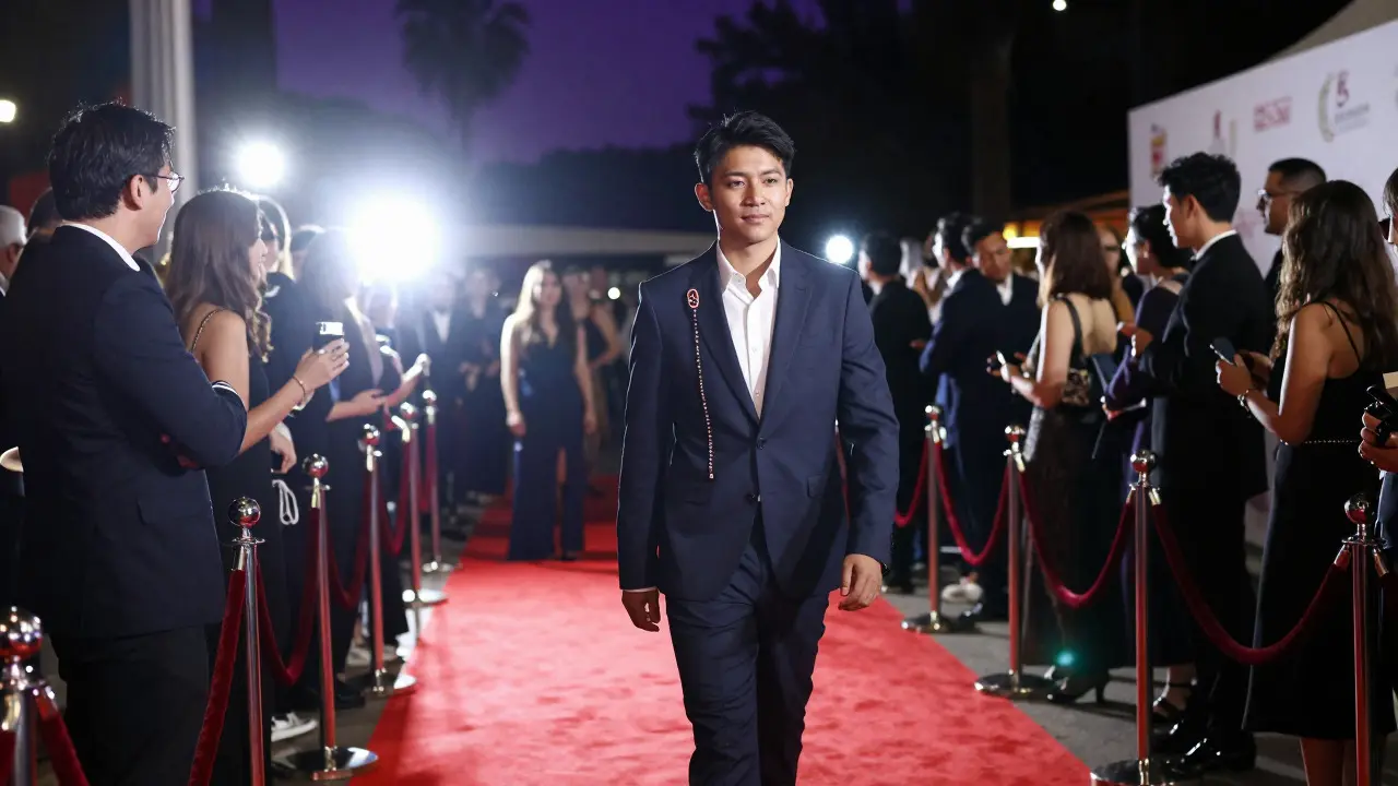 Young Indigenous filmmaker walking a red carpet at a major film festival