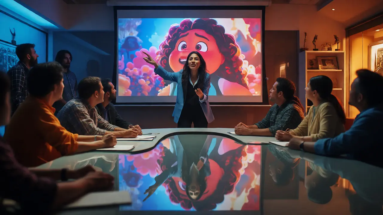 A female director presenting an animated project to her production team.