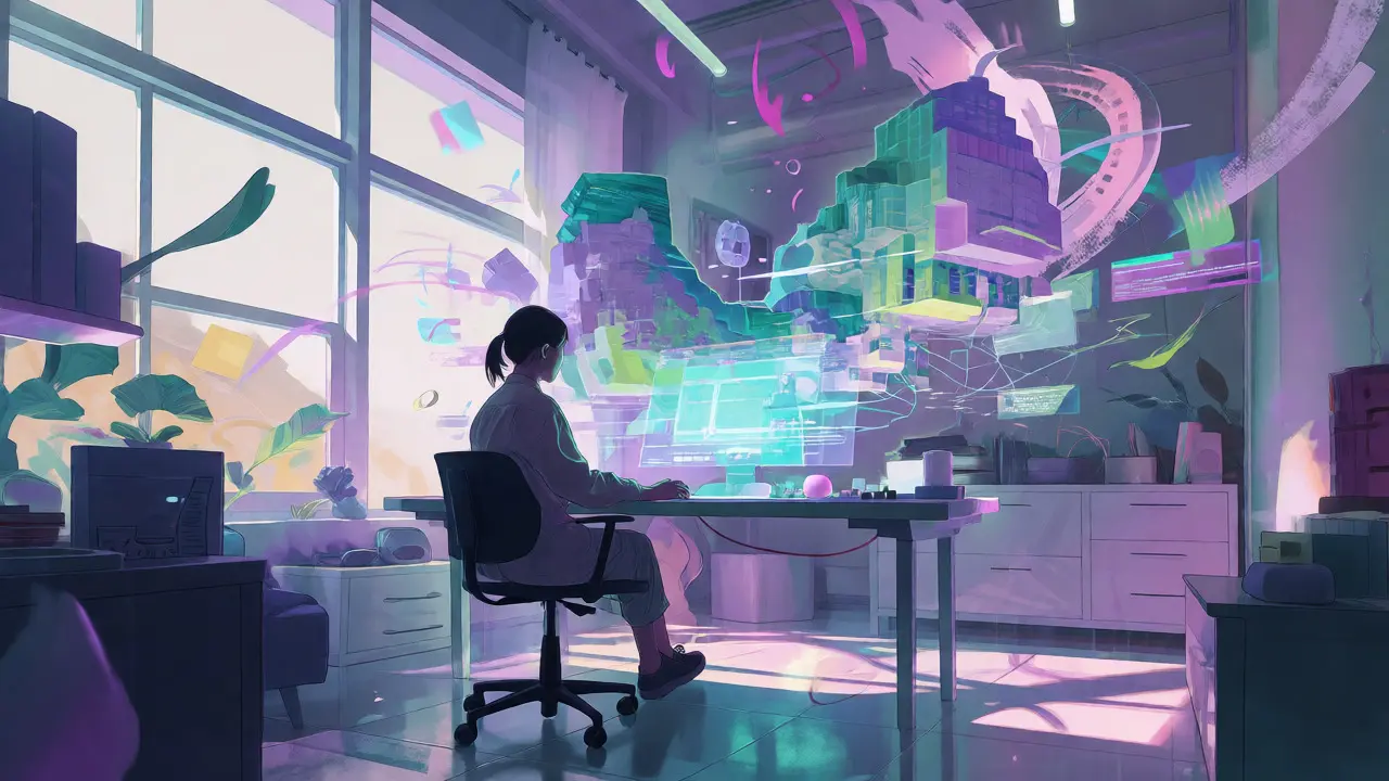 A female filmmaker using advanced holographic tech in a futuristic workspace.