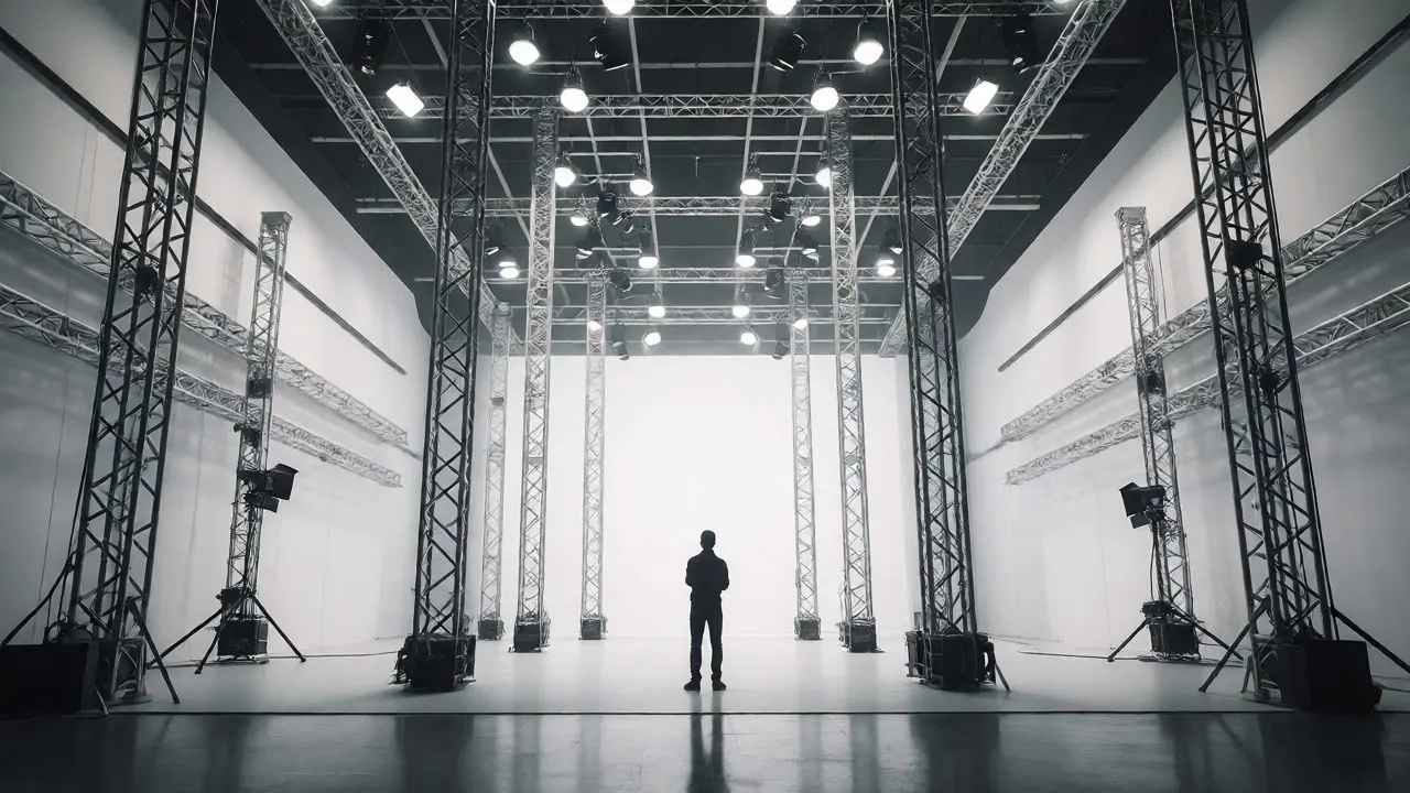 A lone director dwarfed by sterile, cage-like studio infrastructure.