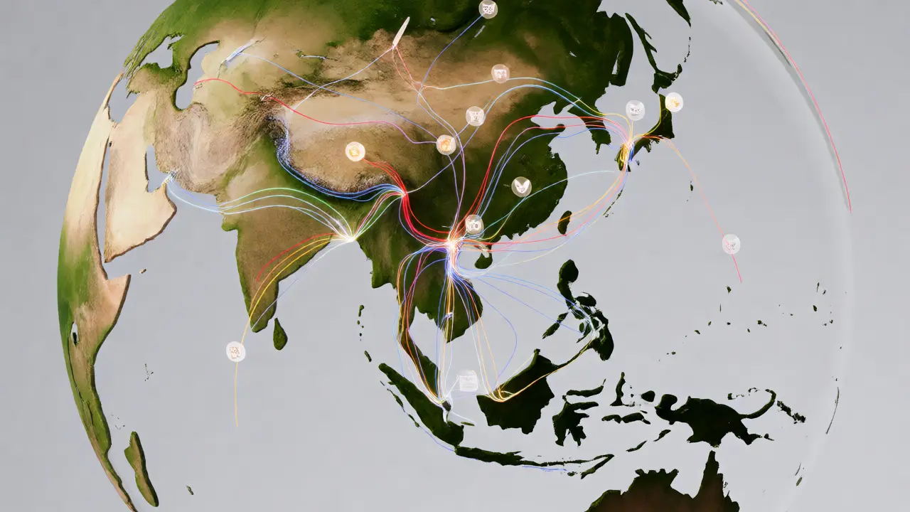 Abstract 3D globe with colorful data streams connecting regions