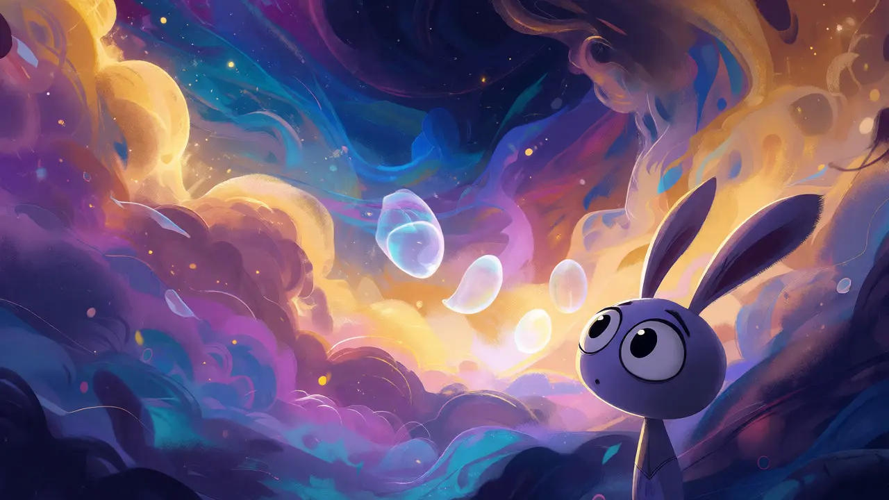 Abstract colorful scene with a cartoon soul floating in a jazz-inspired nebula.
