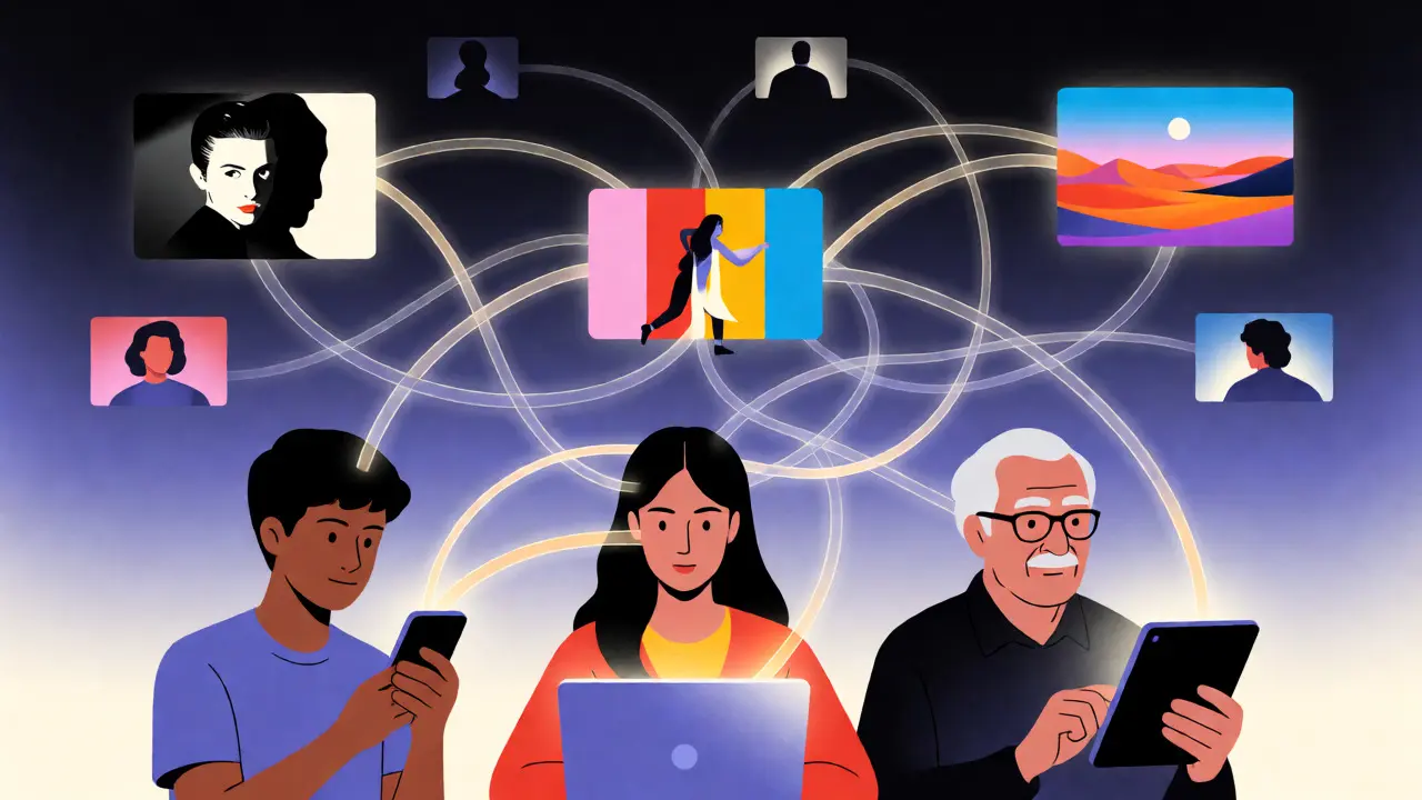 Abstract digital art showing people connected by glowing film analysis threads