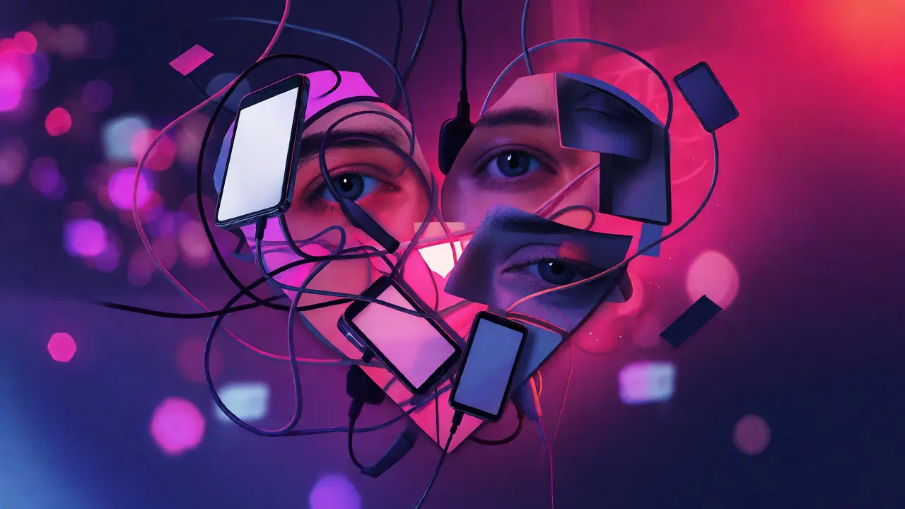 Abstract heart made of phones and wires in neon light