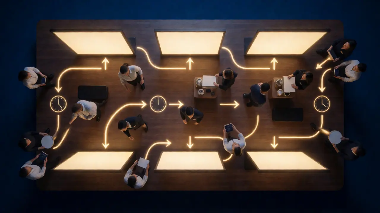 Abstract overhead view of cinema screens and staff movement paths optimizing flow.