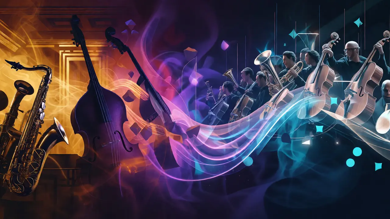 Abstract visualization blending jazz source music and orchestral score