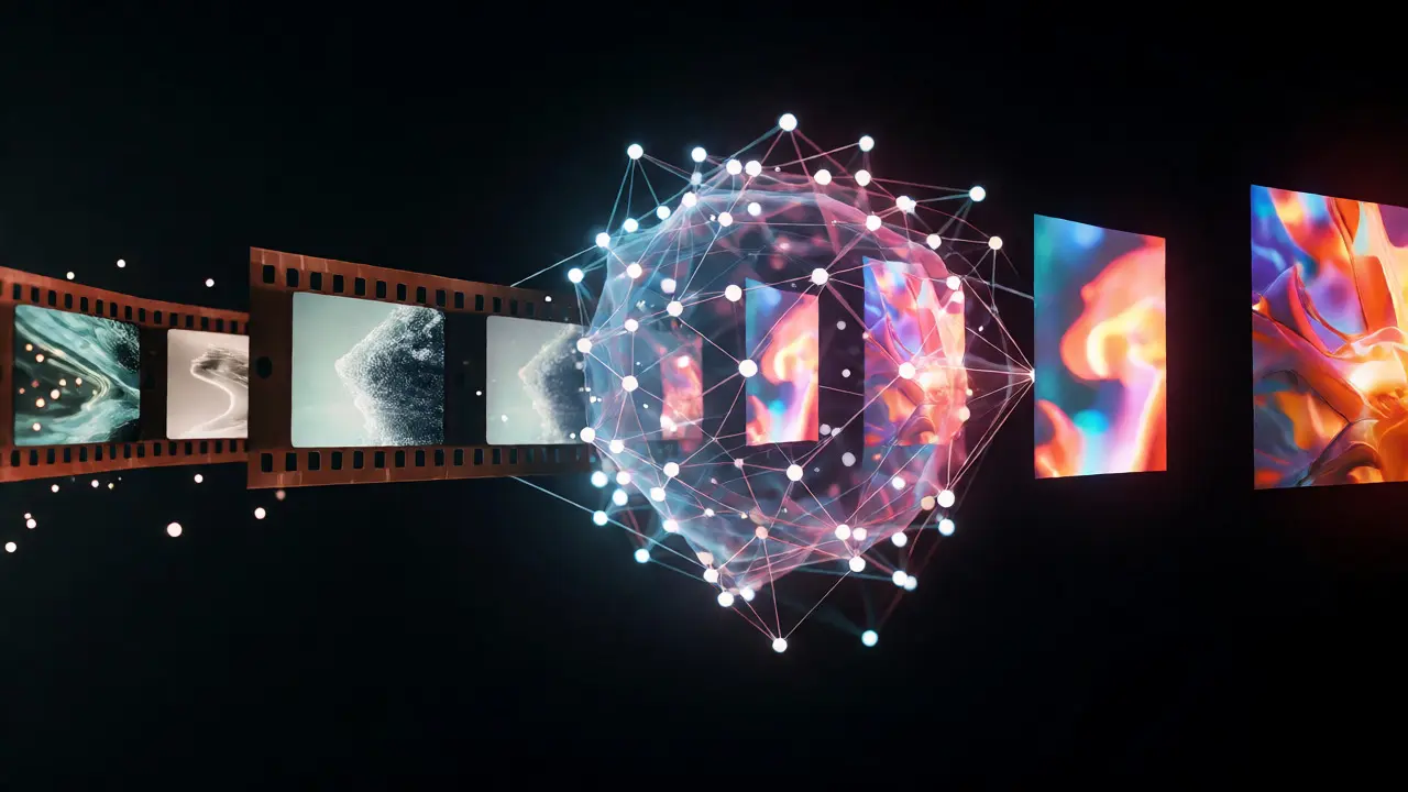 Abstract visualization of AI neural networks transforming grainy film frames into vibrant HDR images.