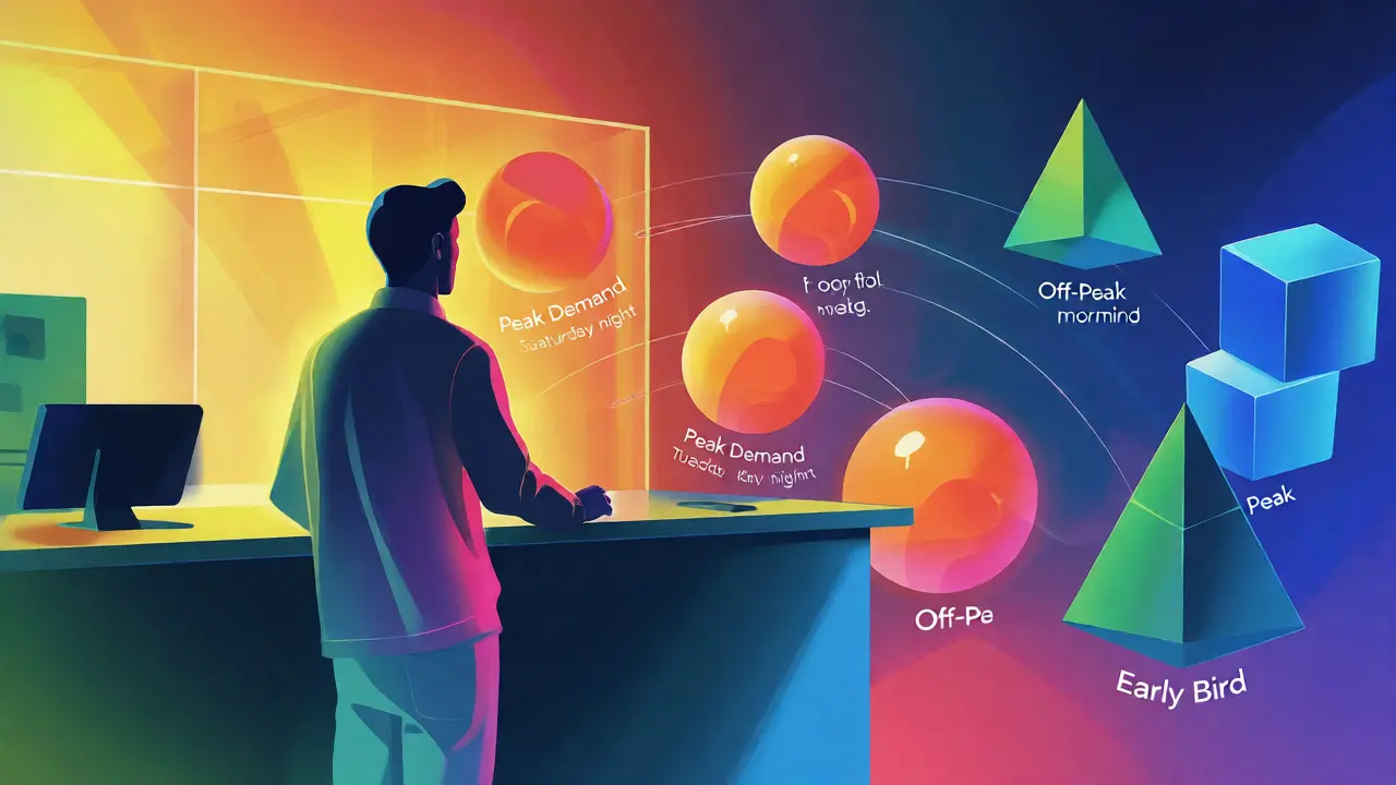 Abstract visualization of dynamic pricing tiers using glowing geometric shapes.