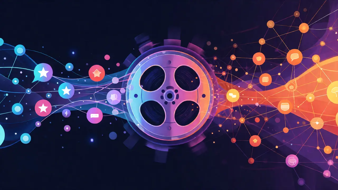 Abstract visualization of film reels generating connected review networks