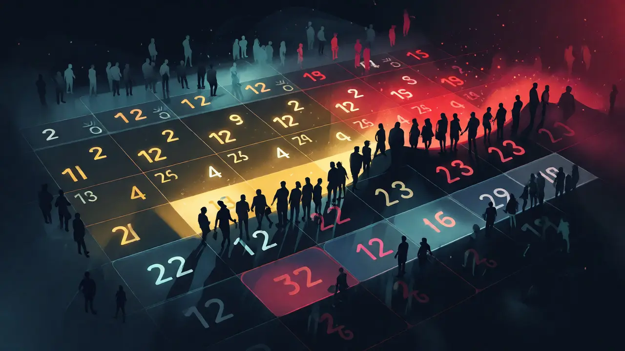Abstract visualization of holiday release strategies with glowing dates and crowds of moviegoers.
