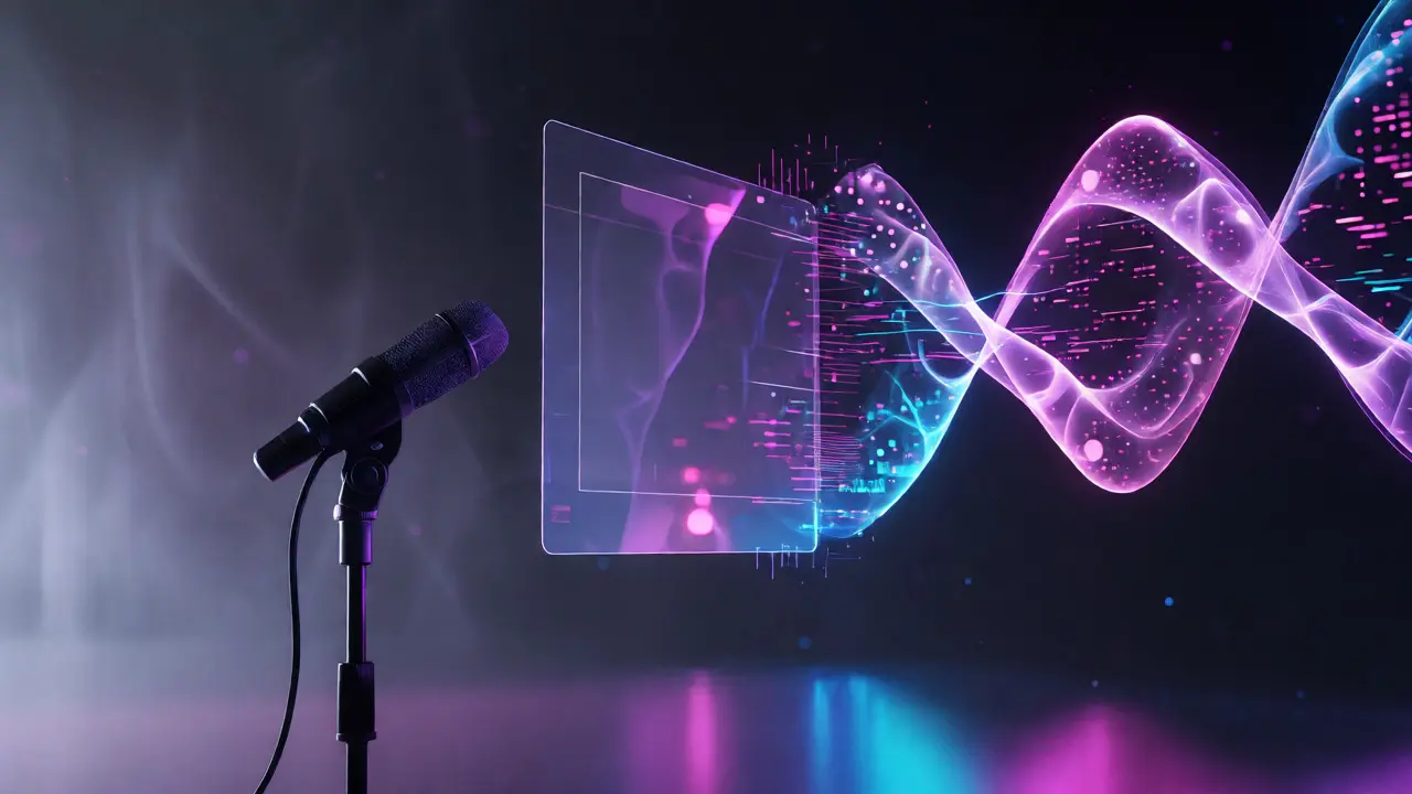 Abstract visualization of human voice and AI algorithms merging in a studio.