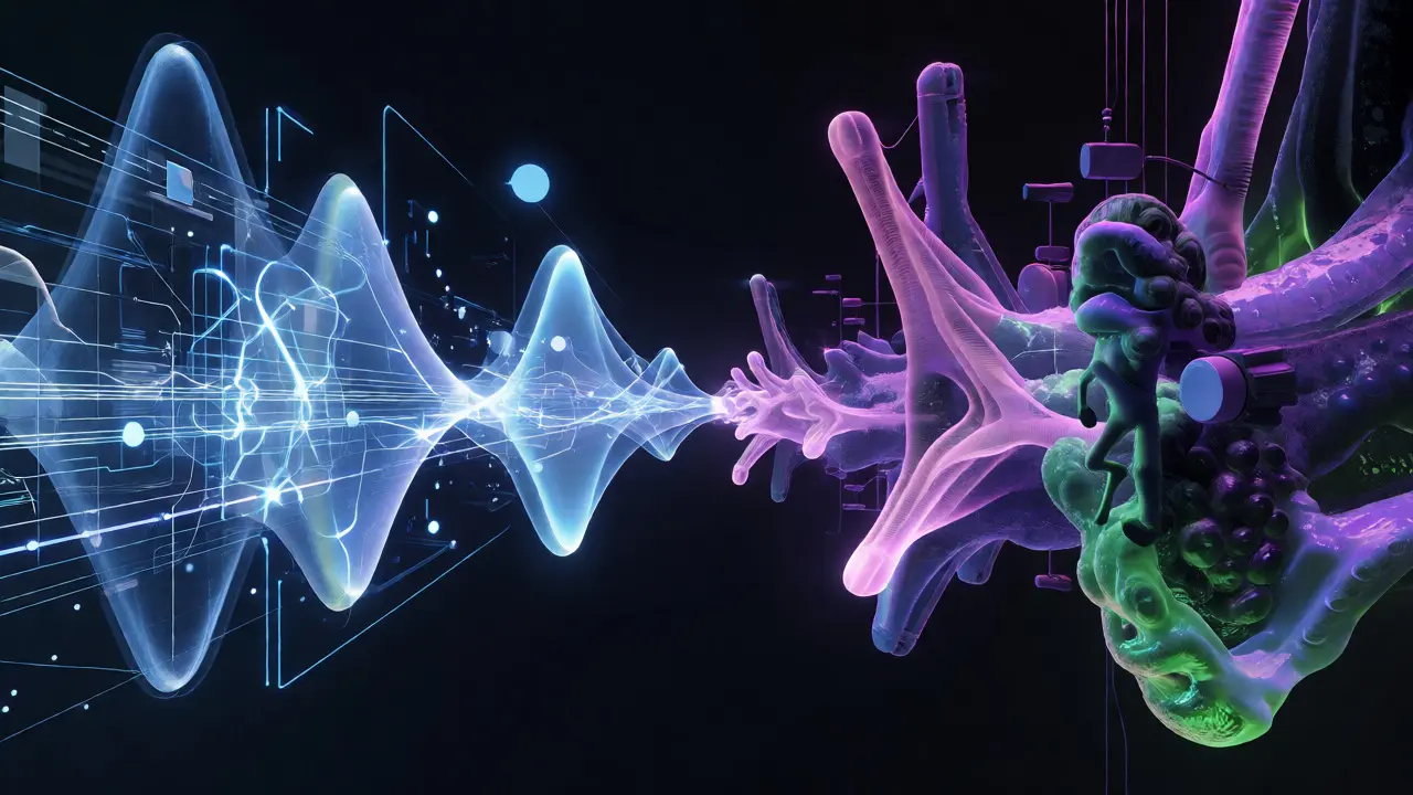 Abstract visualization of sci-fi sound design with glowing waveforms and synthesizers.