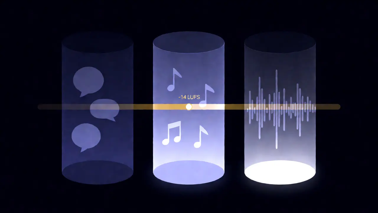 Abstract visualization of separated audio stems and loudness meters