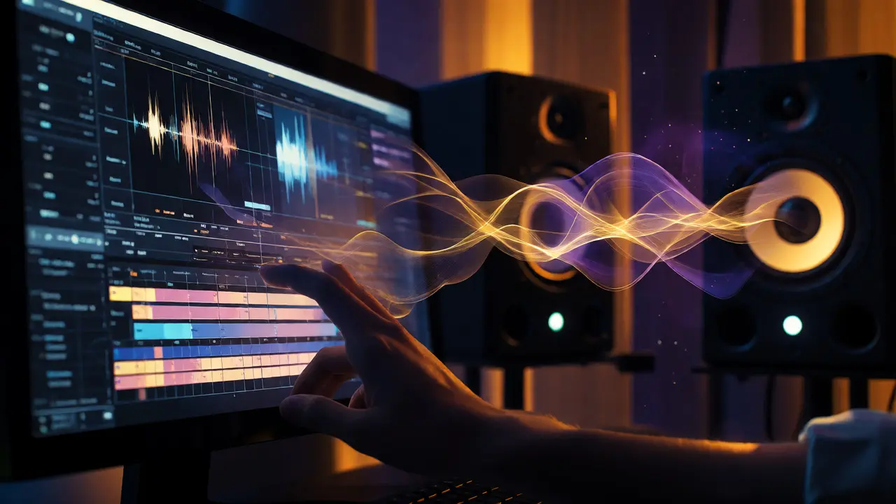 Abstract visualization of sound waves and editing timelines in a dark studio.
