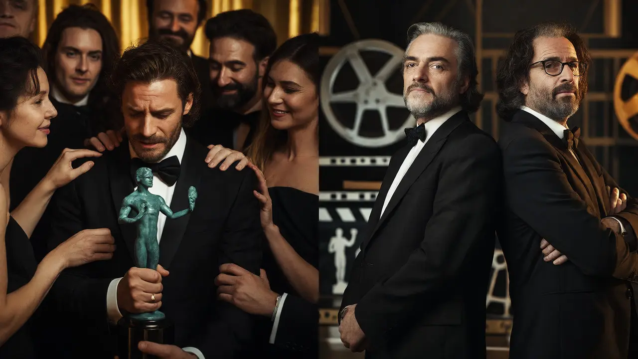 Actor holding a SAG award alongside directors and producers in a dramatic, high-contrast setting.