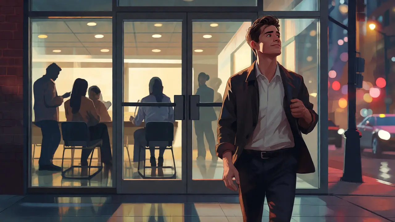 Actor leaving a casting office at dusk after completing a callback.