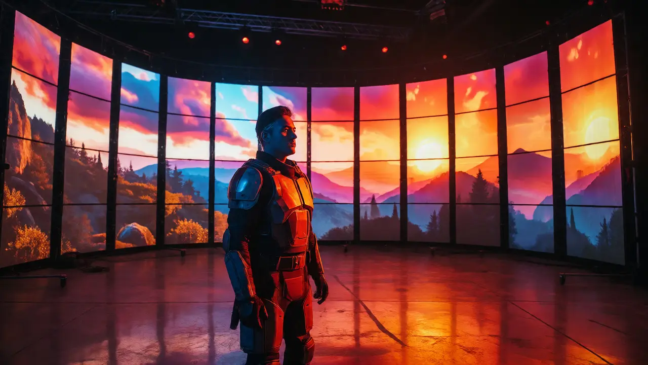Actor performing in front of curved LED walls for virtual production.