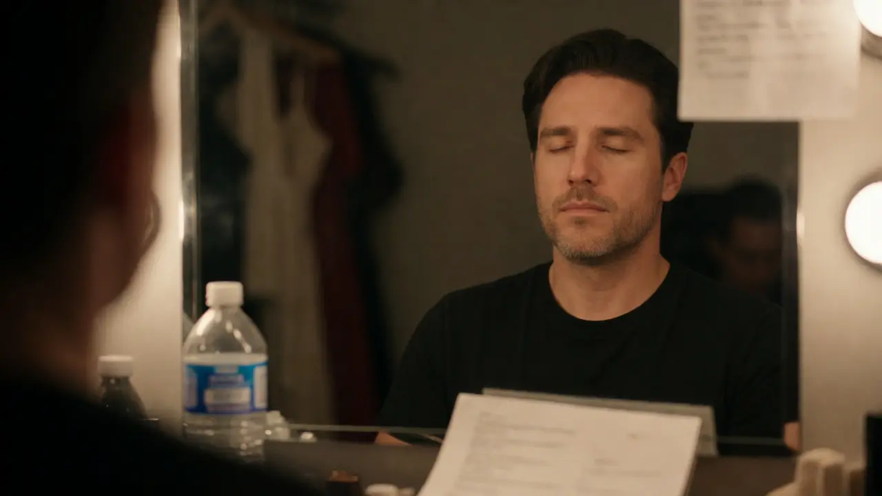 Actor practicing mindfulness and breathing in a quiet dressing room.