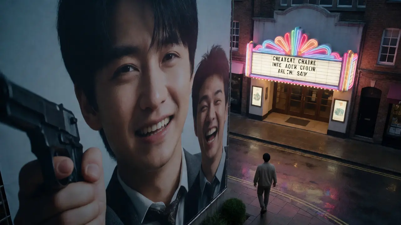Actor walking away from large poster toward indie theater