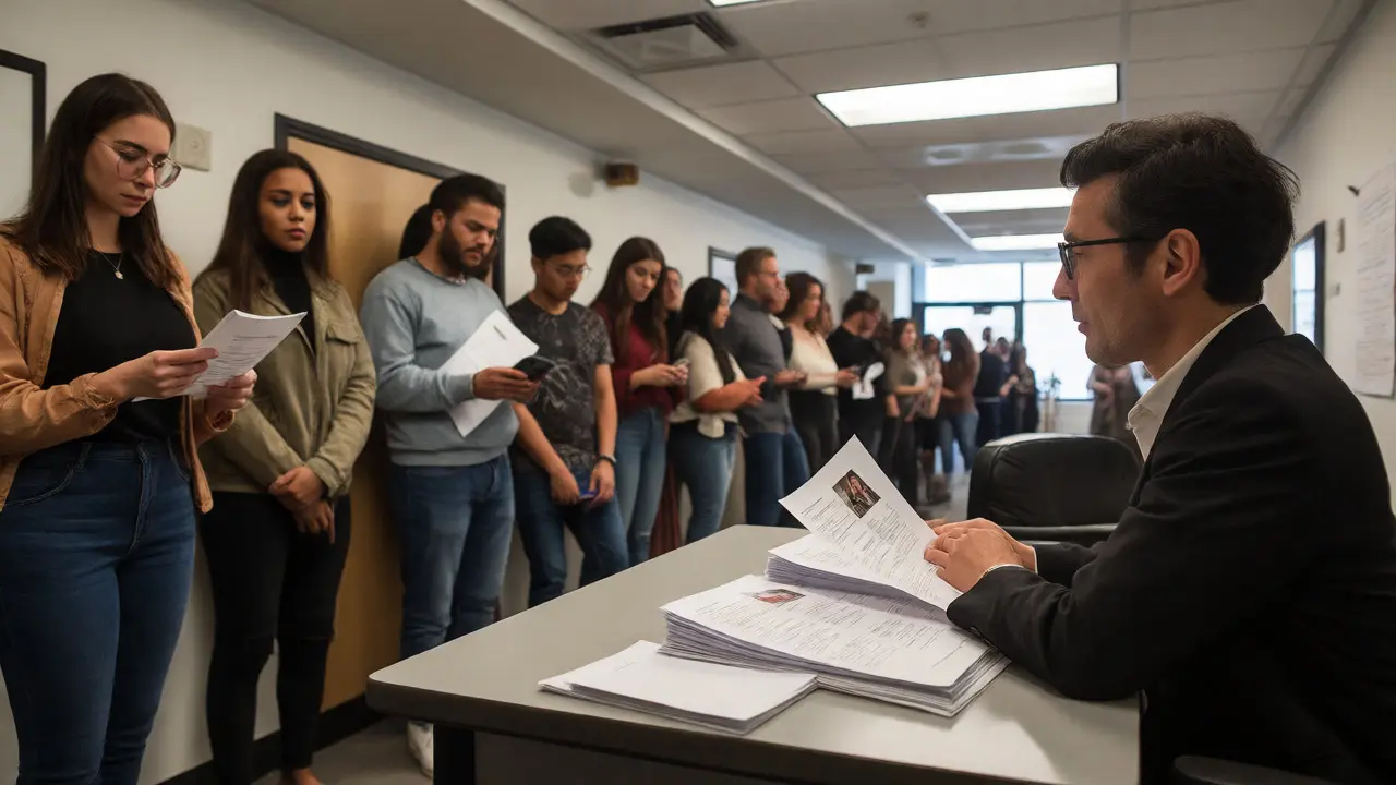 Actors waiting in line while casting director reviews submissions