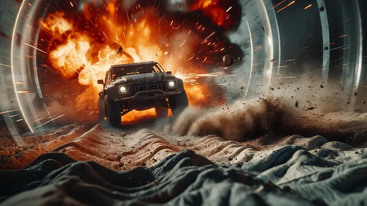 An explosive action sequence with a speeding vehicle and flying debris.