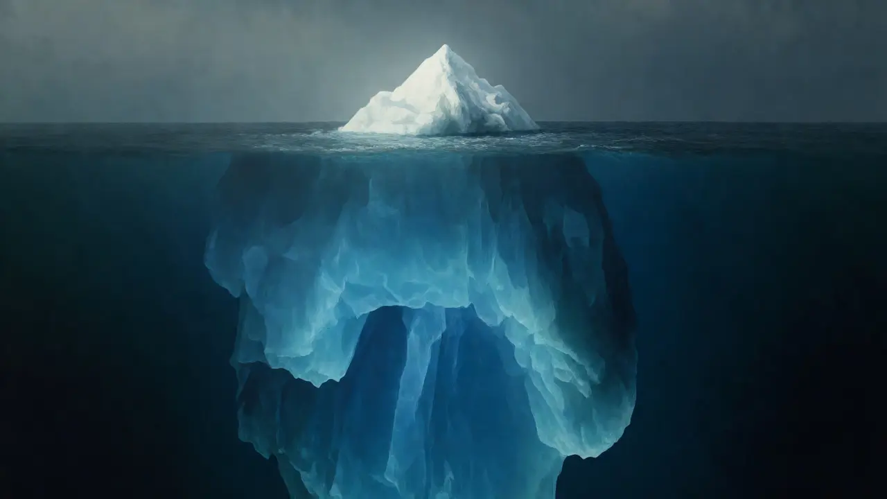 An iceberg with a small visible tip above water and a massive hidden structure beneath the surface.