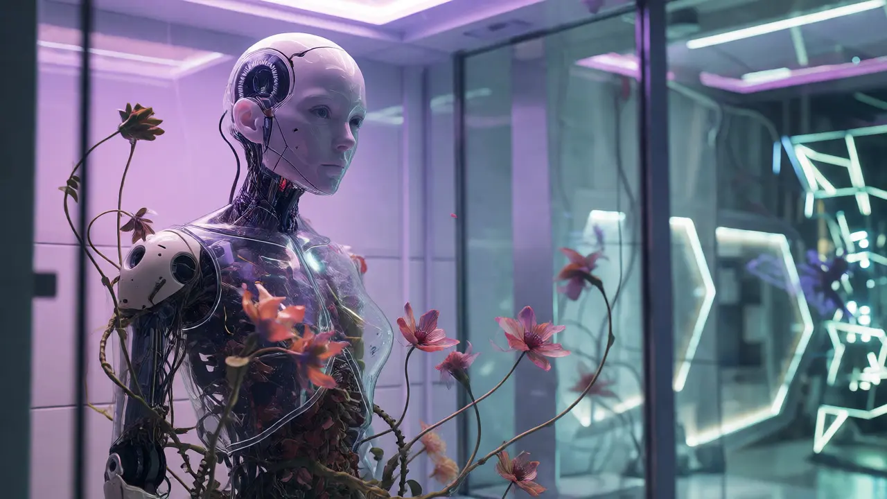 Android with vines growing from its body in a surreal, tech-organic laboratory setting.