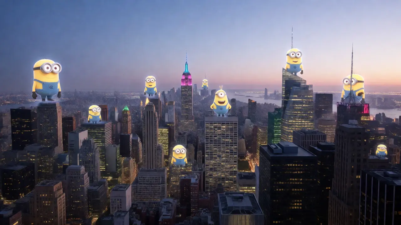 Animated characters projected over a global city skyline