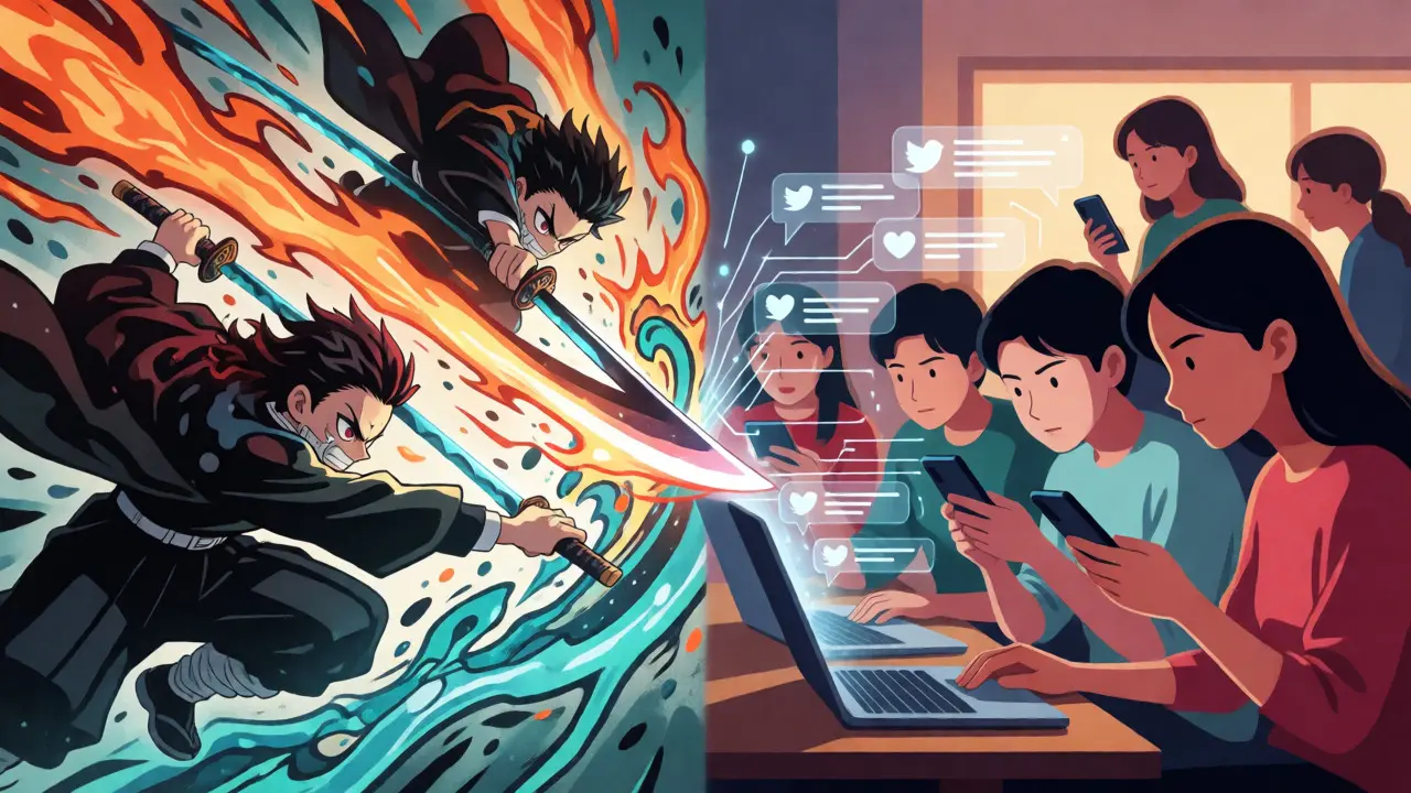 Anime action scene connected to fans discussing it on digital devices