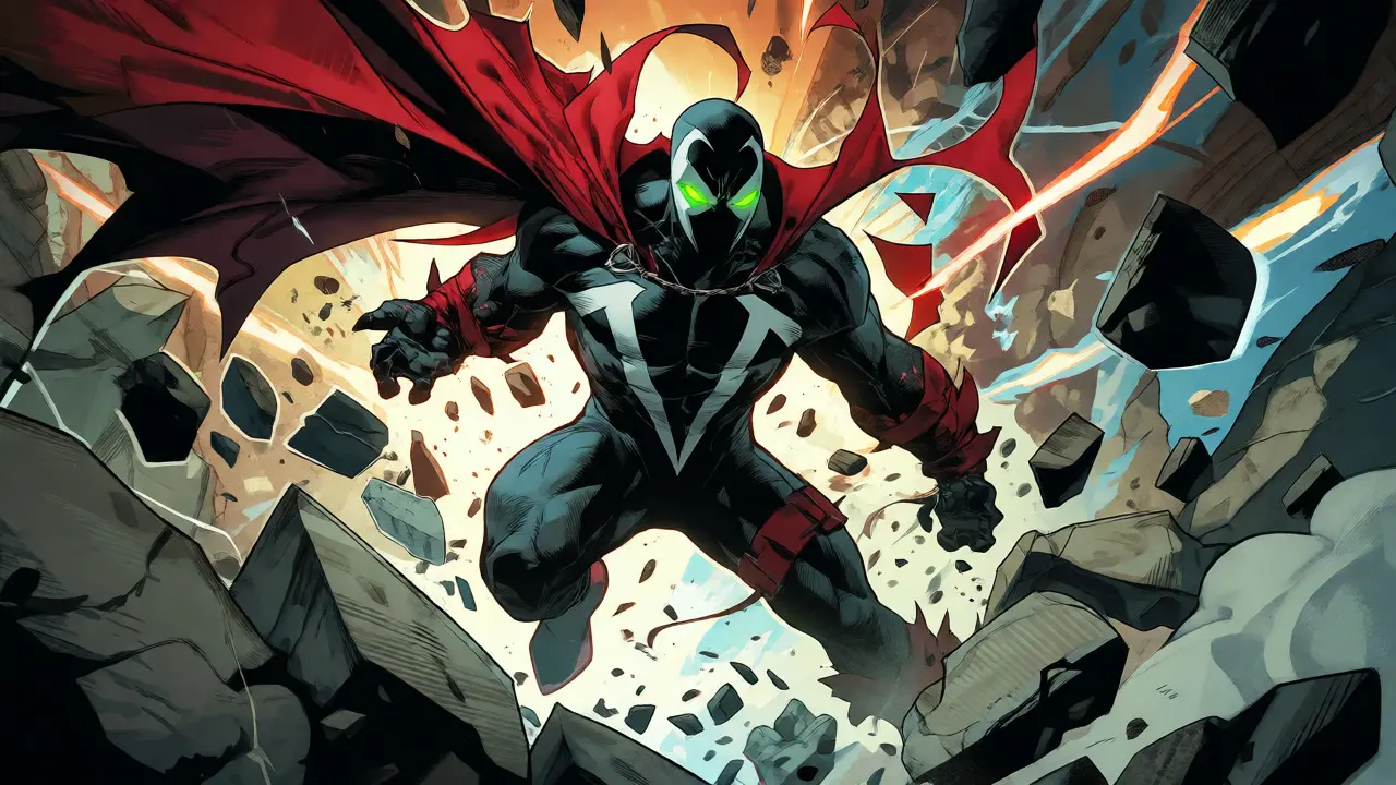 Anti-hero suspended in mid-air amidst debris, rendered in bold, dynamic comic book art style.