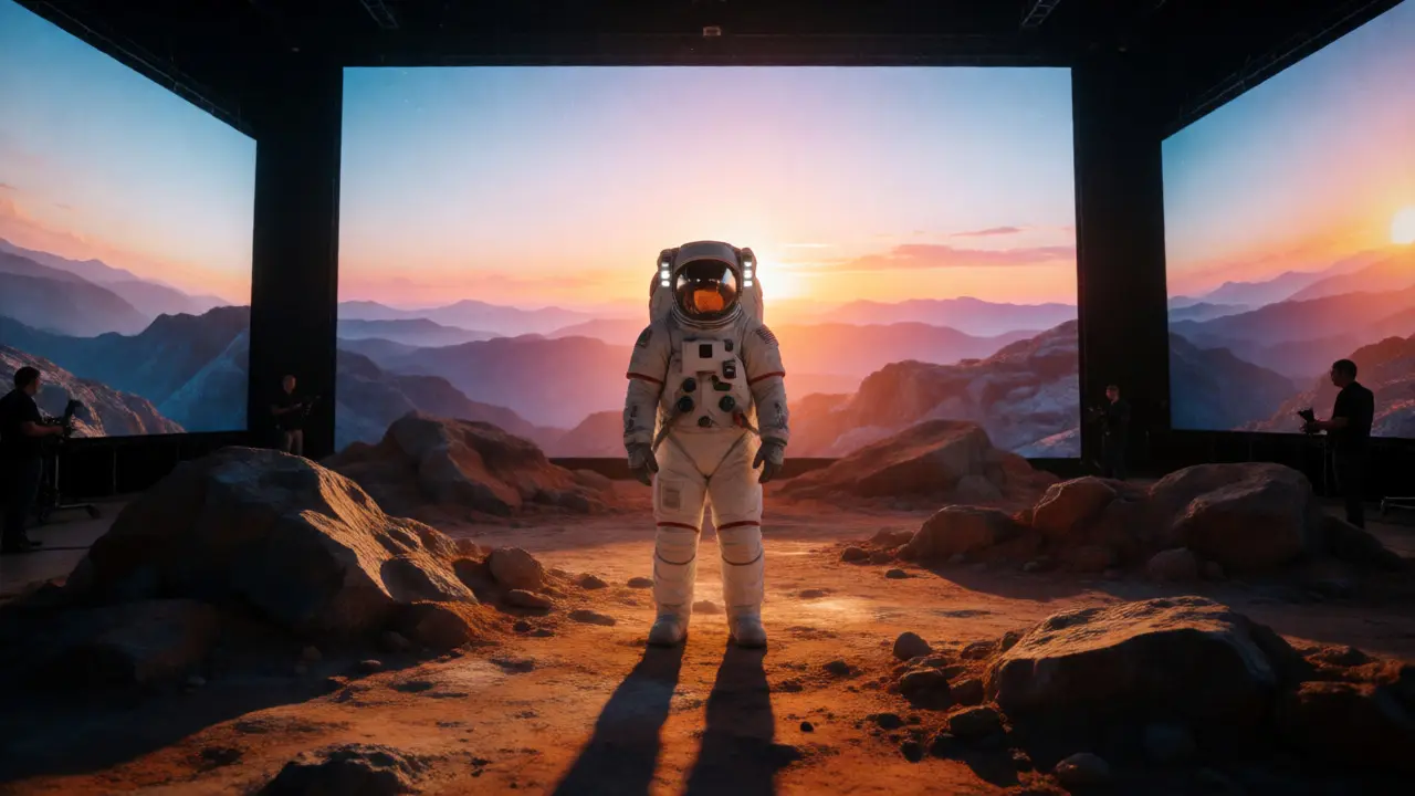 Astronaut standing before an LED wall rendering a sunset, with reflections on the suit.