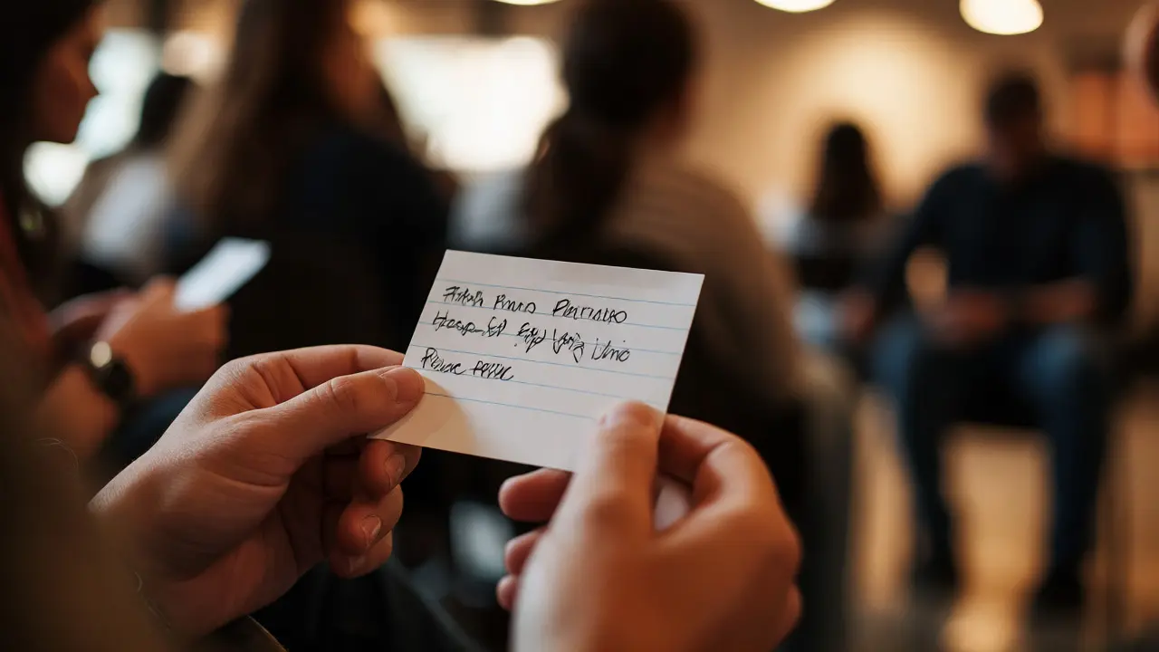 Audience members writing feedback on index cards after a screening