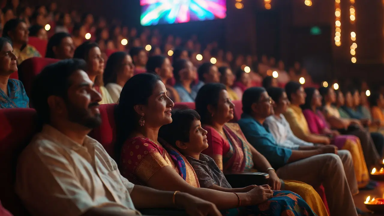 Audience watching a film in a Diwali-decorated theater in Mumbai.