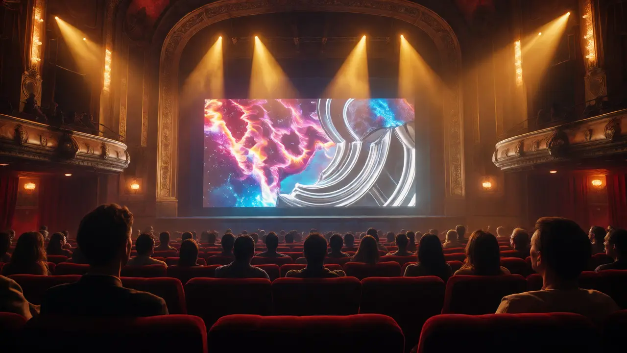 Audience watching a film on the large screen inside the Paramount Theatre.