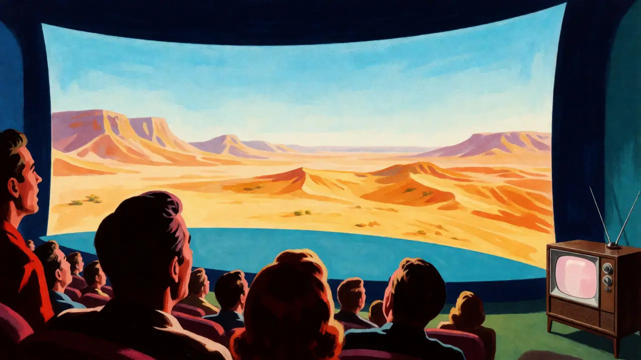 Audience watching a massive widescreen CinemaScope film next to a small TV