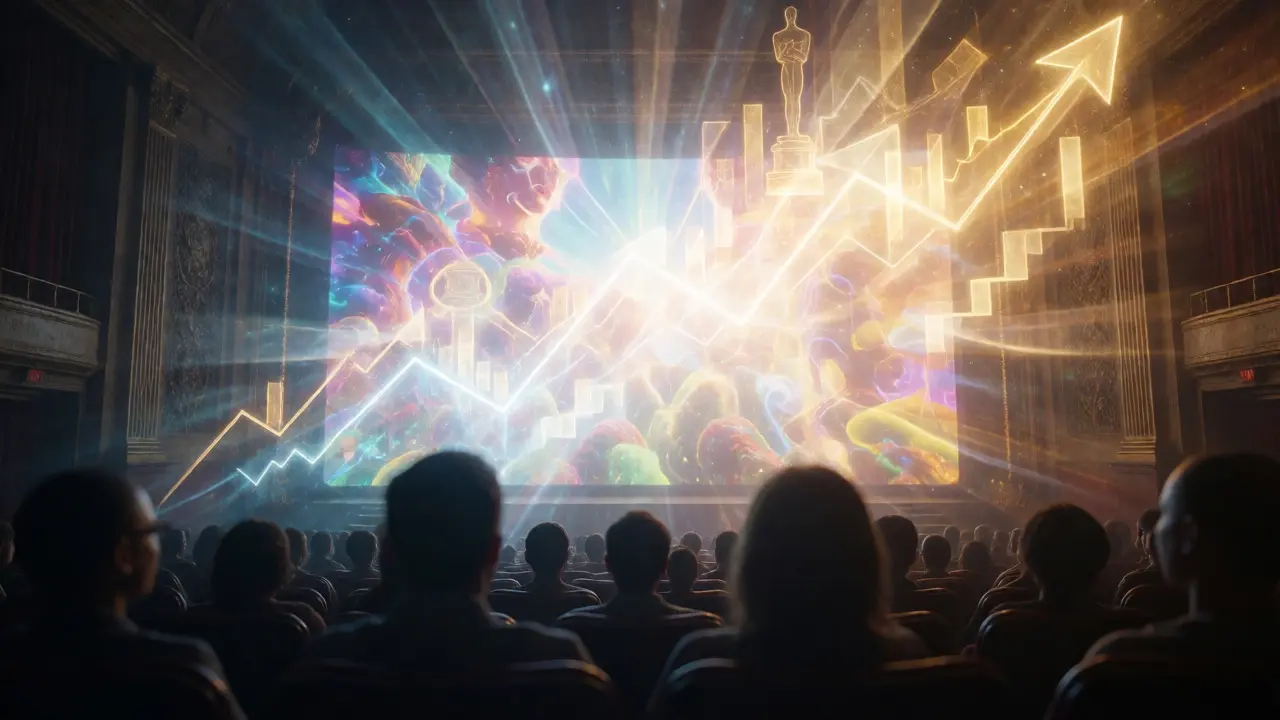 Audience watching a surreal film with light beams forming growth charts