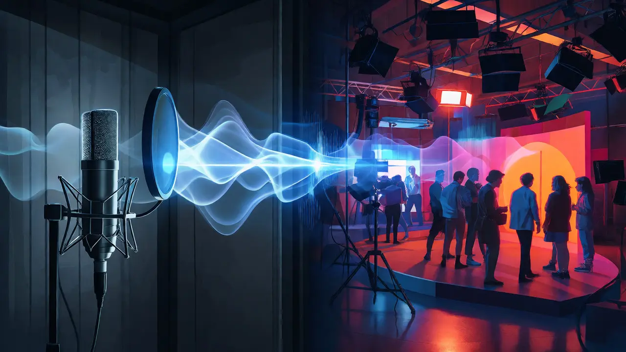 Audio waveforms transforming into a cinematic film set