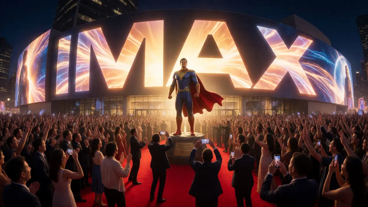 Blockbuster movie premiere with crowd and superhero statue