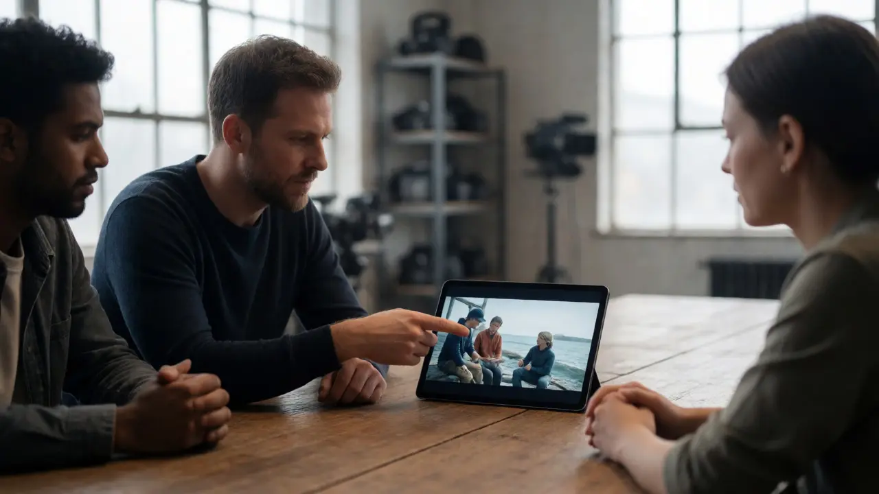 Brand managers and a filmmaker discussing documentary content during a meeting.