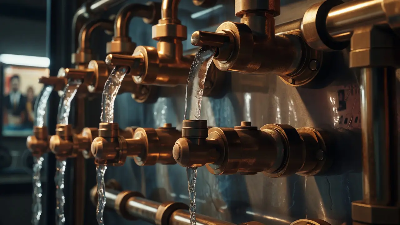 Brass pipe system with valves controlling water flow levels