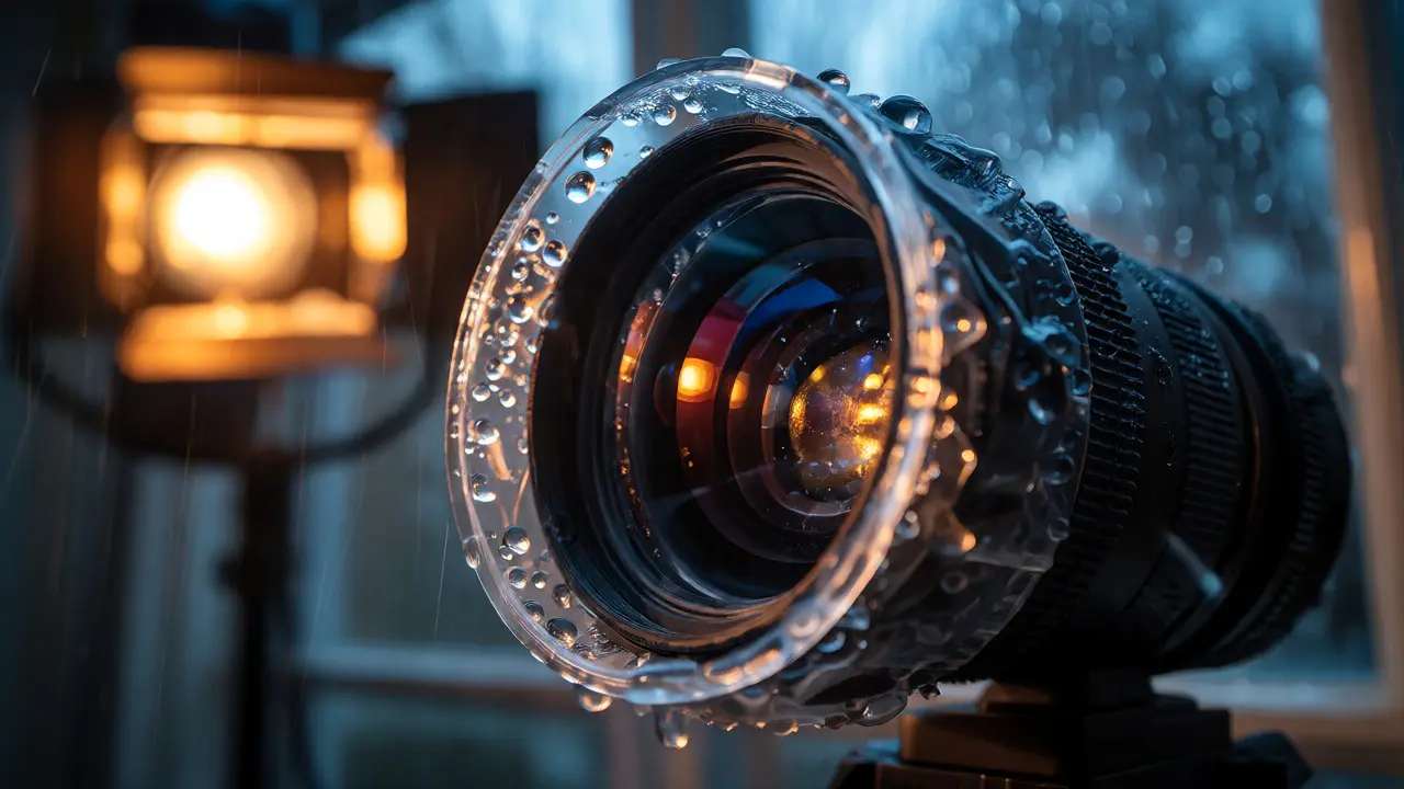 Camera lens with rain sleeve and beaded water droplets during a shoot