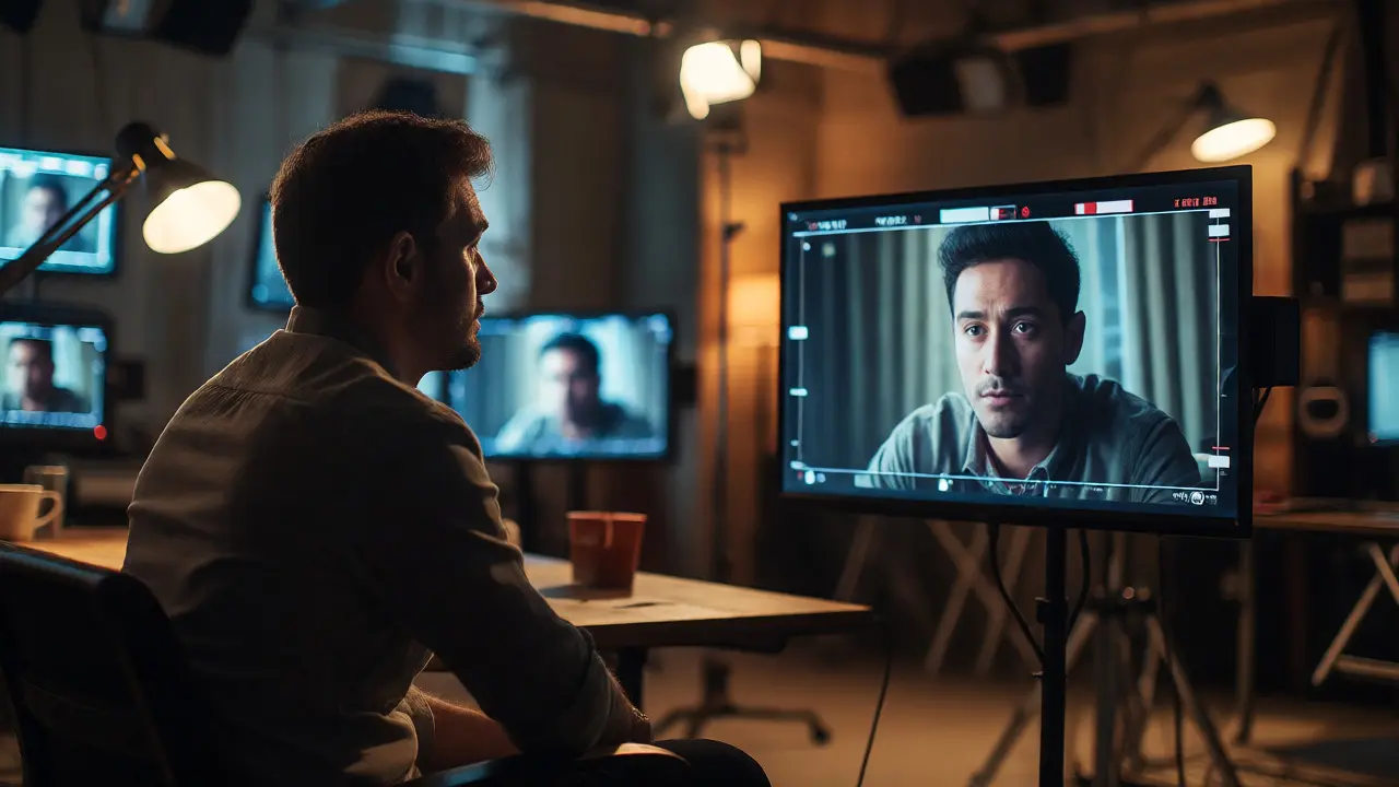 Casting director analyzing an actor's screen test on a high-resolution monitor.