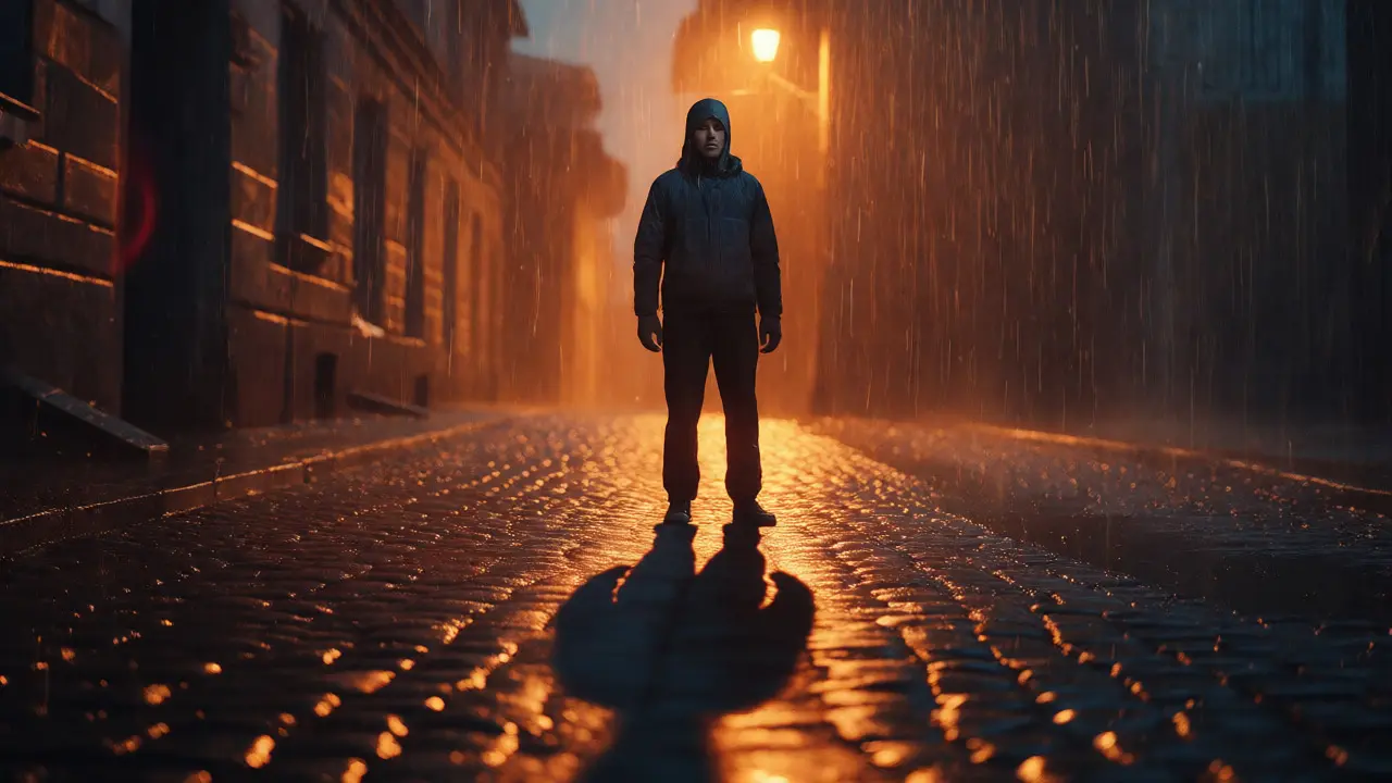 Character standing in a rainy street with matched lighting and shadows.