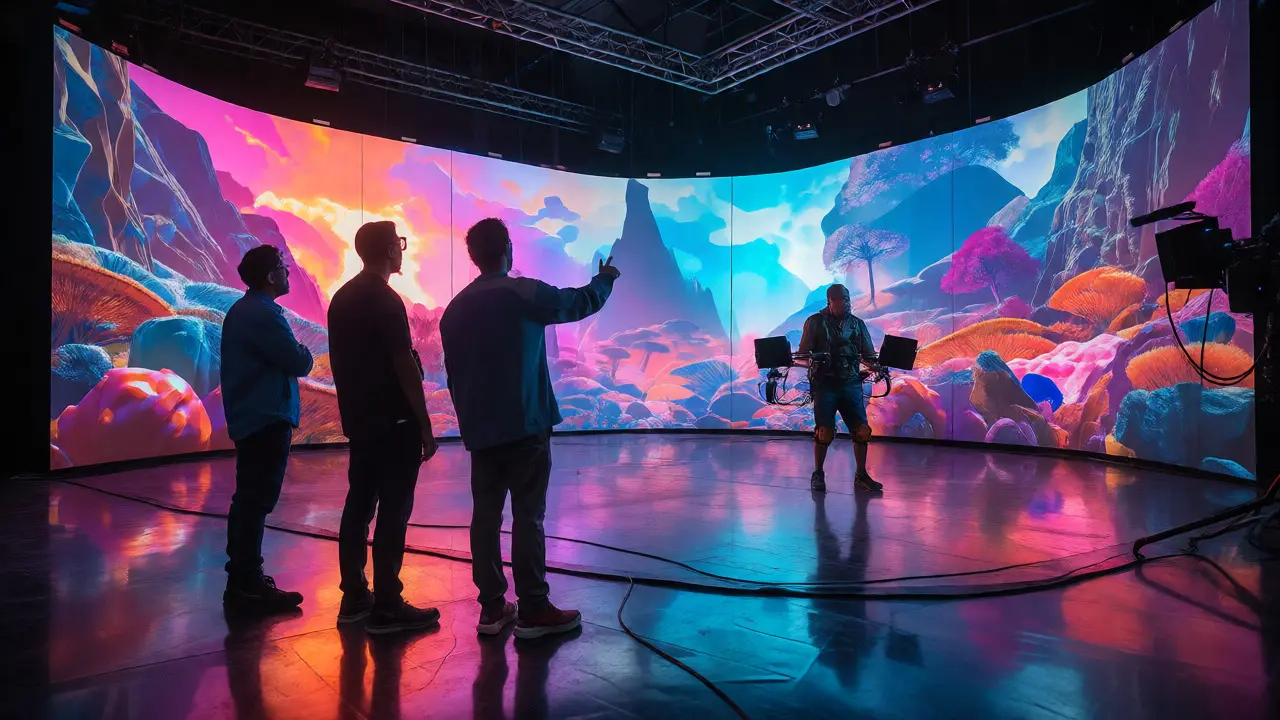 Cinematographer and VFX supervisor working on a virtual production stage
